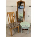 A modern oak cheval mirror together with a modern hall chair/bedroom chair and a small painted