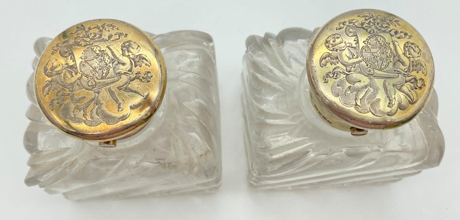 A pair of Victorian glass scent bottles with engraved silver gilt lids. Chunky square shaped glass - Image 4 of 5