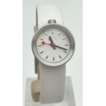 A ladies Mondaine Swiss Railways 30324 wristwatch with white leather strap. Silver tone metal case
