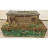 2 vintage metal boxes. A 3 handled carry chest painted green together with a 2 handled military