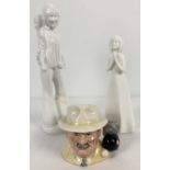 2 modern ceramic blanc de chine figurines together with a Royal Doulton "The Bowls Player" character