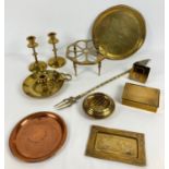 A collection of assorted vintage brass and copper items. To include: candlesticks, toasting fork,