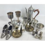 A collection of assorted vintage silver plate, brass and pewter items. To include: Bowen's Pewter