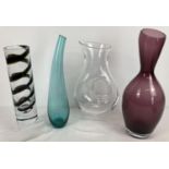 4 vintage clear & coloured art glass vases. An aubergine glass waisted vase with slanted rim (
