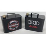 2 small modern metal oil cans with brass screw top lids. Gloss finish with Audi decals and a matt