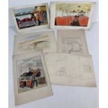 A collection of 6 pencil & watercolour sketches by John Dunscombe featuring mid century
