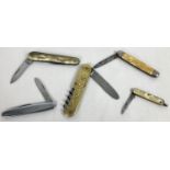 A collection of 5 vintage penknives. To include brass cased Coursolle penknife with corkscrew,