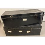 2 vintage metal long 2 handled trunks, painted black, with hook over clasps. 1 clasp missing from