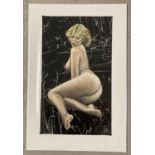 Krys Leach, local artist - nude oil on printed fabric, on a white mount, entitled "Miranda".