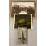 3 vintage boating pictures. An antique oil on canvas -shows signs of damage (approx. 38.5cm x 43.