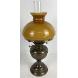 A vintage Duplex double wick brass oil lamp with glass chimney and shade. Total height approx.