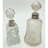 2 early 20th century cut glass scent bottles with silver collars and faceted stoppers. Smaller