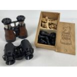 2 pairs of vintage French binoculars together with a boxed set of Staunton boxwood chess pieces. A