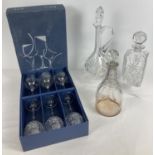 3 modern and vintage clear cut glass decanters with stoppers. Together with a boxed set of 6 Bohemia