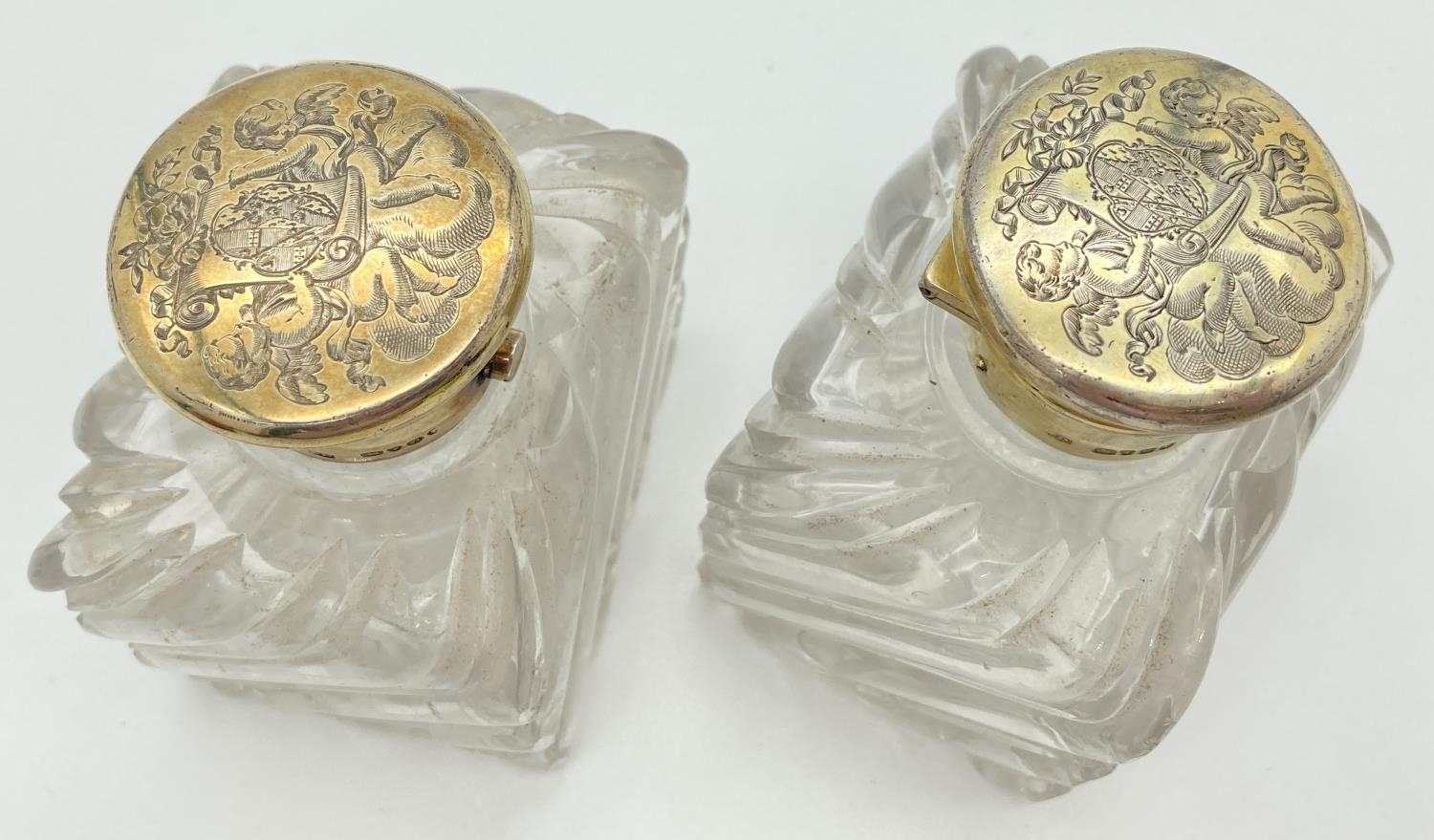 A pair of Victorian glass scent bottles with engraved silver gilt lids. Chunky square shaped glass - Image 3 of 5