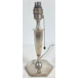 An Art Deco Silver desk lamp base with original pull cord. Hexagonal body and base with beaded