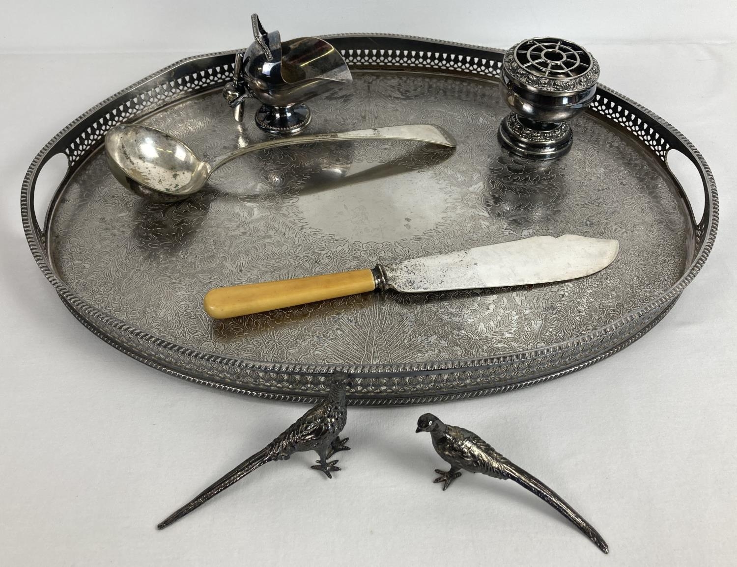 A small collection of assorted vintage silver plated items. A large oval 2 handled galleried