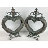 A large pair of Eastern Style heart shaped copper lanterns, hanging or free standing. Glass panel to