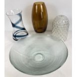 4 large pieces of clear and coloured art glass. A clear glass waisted vase with black swirl