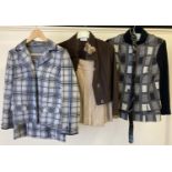3 vintage 1970's skirt suits. A brown jacket with metal fastening detail and camel wrap around skirt