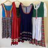 4 vintage theatre costume Austrian style sleeveless & short sleeved dresses.