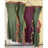 4 vintage theatre costume Grecian style dresses with frilled skirt sides. In dark green and burgundy