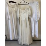 3 vintage theatre costume dresses in white/cream, to include wedding dress with net overlay.