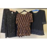 3 ladies vintage heavily beaded evening tops. A short sleeve brown top with bronze bead and sequin