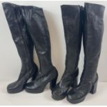 2 pairs of vintage black leather platform knee high boots, both size 5.