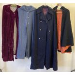 4 vintage theatre costume capes, to include burgundy crushed velvet and wool examples.