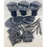 A collection of assorted faux leather peaked caps, collars and bracelets with metal stud and chain