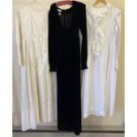 3 vintage theatre company full length dresses, 2 in white cotton and 1 black velvet.