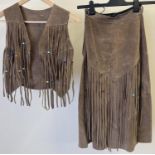 A vintage 1980's A line brown suede skirt and matching waistcoat. With coloured bead fringe detail