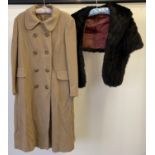A vintage ladies double breasted camel coloured wool mix full length coat. Together with a faux