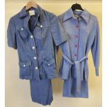 2 ladies vintage 1970's matching shirt and trouser suits. A blue suit with red stitch detail by
