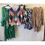 4 vintage theatre costumes with harlequin style detail to include 2 x 2 piece suits.