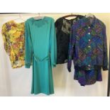 4 items of 1980's clothing. A green occassion dress with sheer sleeve and yoke detail, a multi