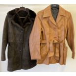2 vintage womens leather and suede coats. A dark brown sheepskin jacket with button fastening and