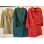 3 vintage ladies coats. A bright red mac style by Quelrayn, a green waterproof coat with horseshoe