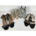 3 pairs of women's heeled sandals and a pair of sling backs, all worn. Comprising: Kurt Geiger block