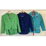 3 vintage 1960's ladies skirt suits. A navy blue boucle style suit by Richard Shops (size 10), a