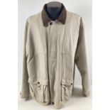 A men's cream heavy canvas utility jacket with brown suede collar, by Jeep. Zip and press stud