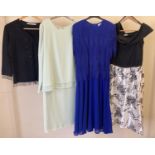 3 ladies vintage dresses together with a black beaded cardigan. To include: royal blue polyester