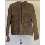 A vintage ladies hooded brown suede jacket with front pockets, zip fastening and drawstring ties