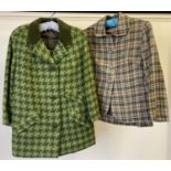 2 vintage ladies woollen skirt suits. A green dogtooth check suit with green velvet collar and