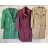 3 ladies vintage mac style coats. A bright green Dancoat of Denmark for Richard Shops, a maroon