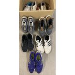 A box of assorted worn men's trainers to include Nike, Adidas, Puma & Asics.