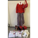 A theatre costume 2 piece period dress together with matching bonnets, muffs, collars, sleeves and