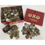 2 vintage Oxo Cube tins containing a collection of antique and vintage British and foreign coins. To