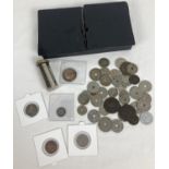 A small vintage double sided coin tin containing a collection of antique & vintage foreign coins. To
